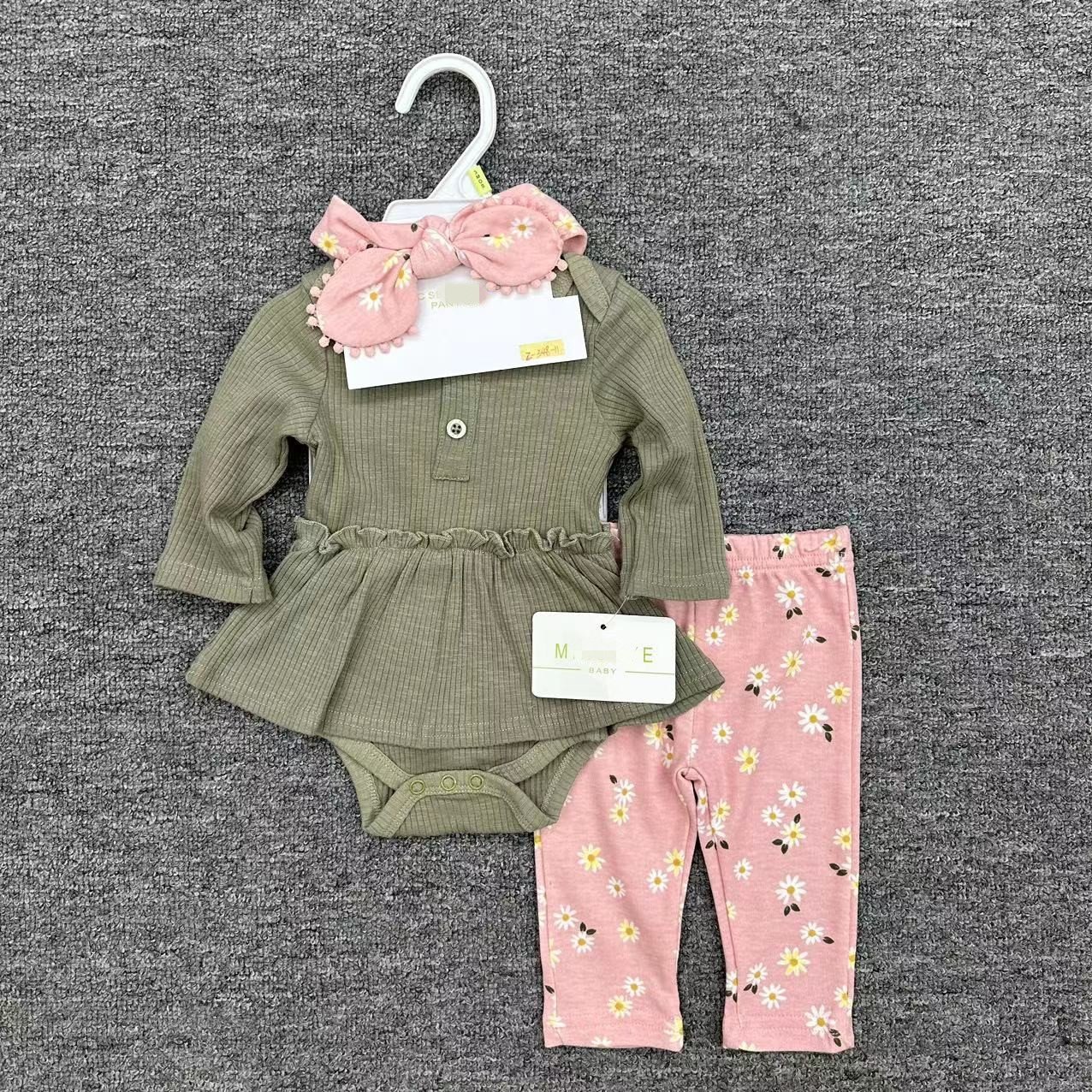 New Born Baby Girl 0-9months Romper Dress Trousers And Hairband 3pcs Set Long Sleeve Solid Color Clothes Set