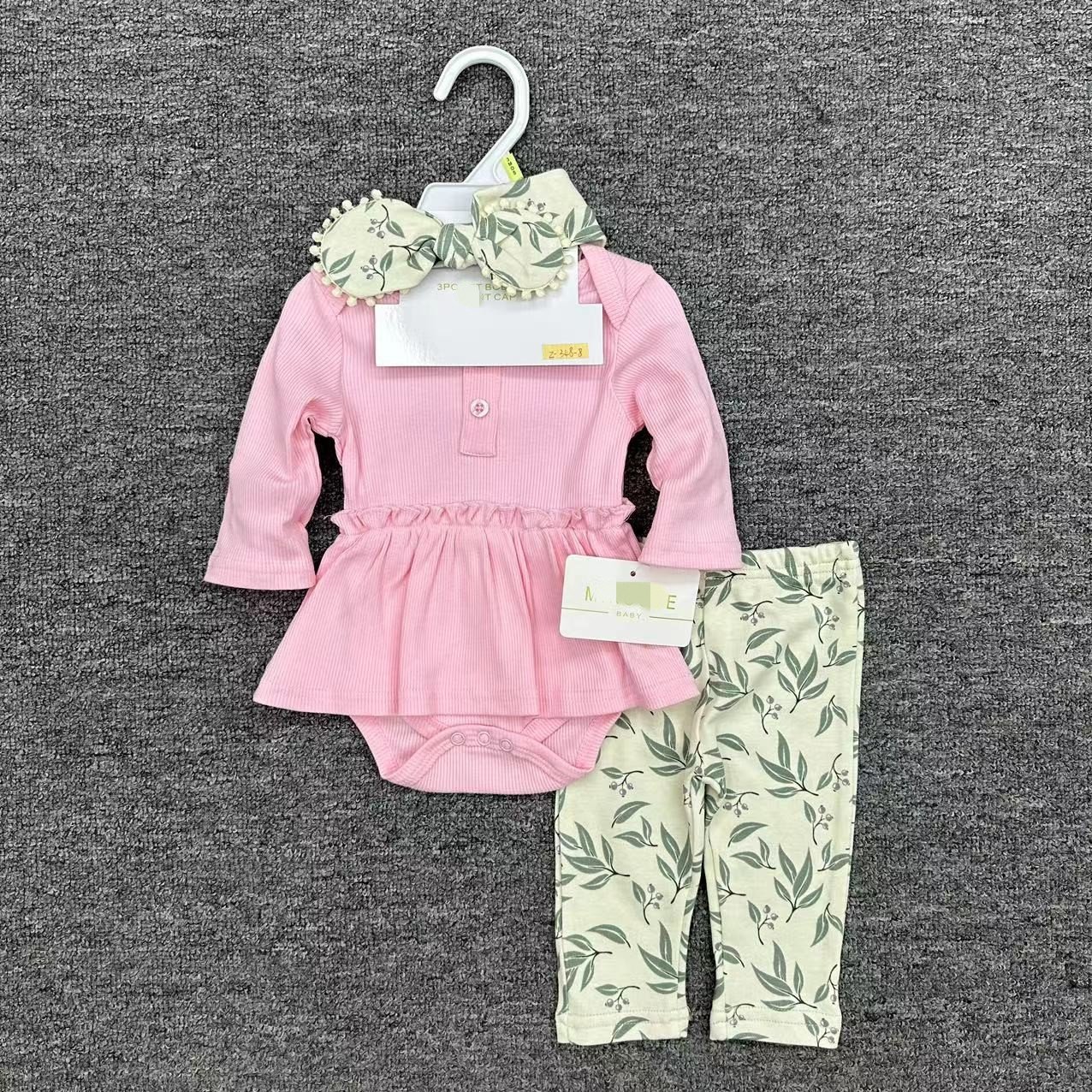 New Born Baby Girl 0-9months Romper Dress Trousers And Hairband 3pcs Set Long Sleeve Solid Color Clothes Set