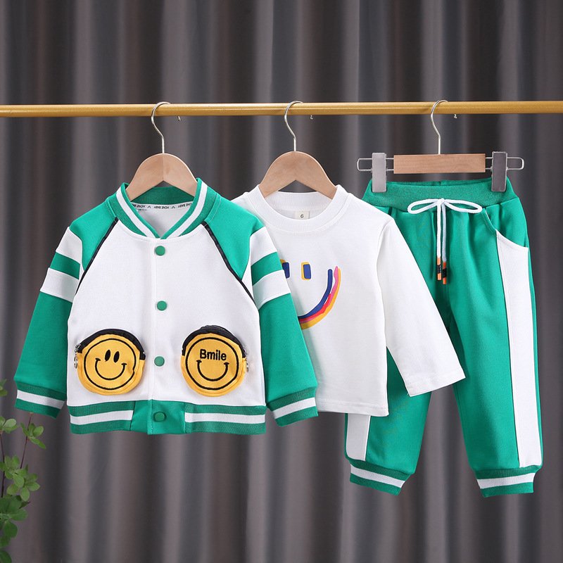 Hao Baby Boys' Long Sleeve Set Children's Fashionable Baby Boy Clothing Set Children's Splice Cartoon Coat Three Piece Set Baby