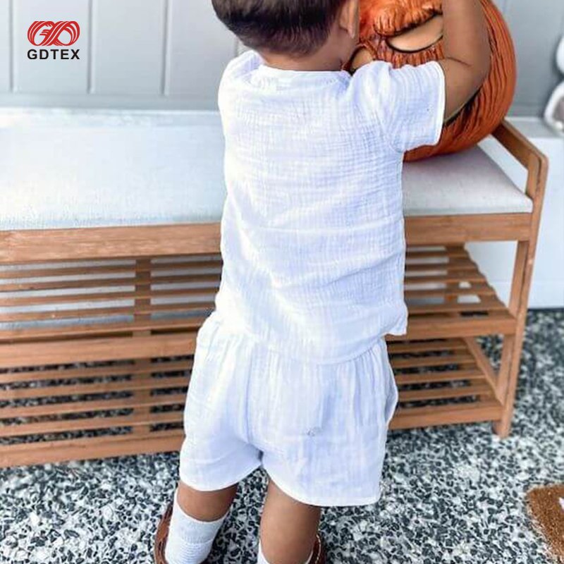 GDTEX Custom Muslin Cotton Baby Boy Toddler Clothes Set Button Short Sleeve Top and Drawstring Shorts Kid Girl Boy Clothing Set