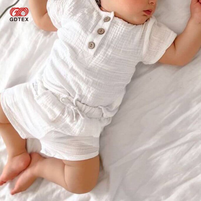 GDTEX Custom Muslin Cotton Baby Boy Toddler Clothes Set Button Short Sleeve Top and Drawstring Shorts Kid Girl Boy Clothing Set