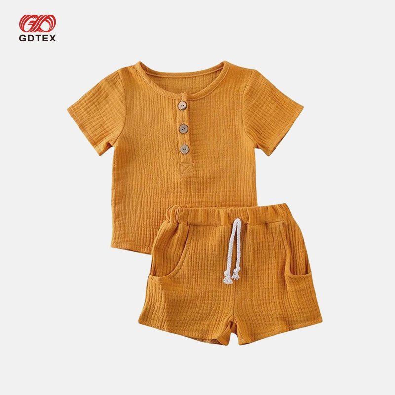 GDTEX Custom Muslin Cotton Baby Boy Toddler Clothes Set Button Short Sleeve Top and Drawstring Shorts Kid Girl Boy Clothing Set