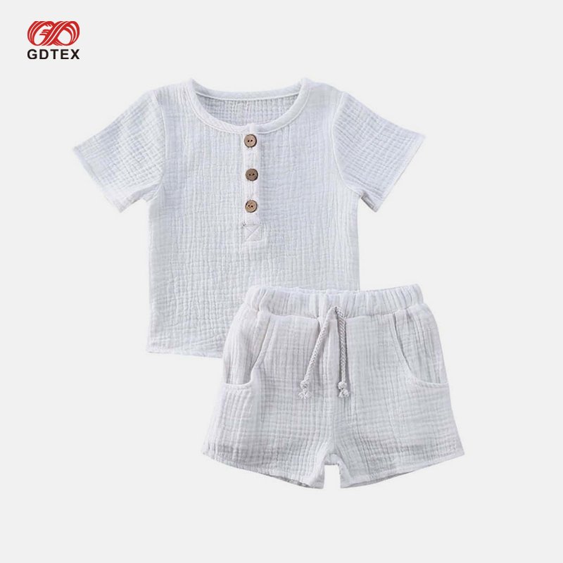 GDTEX Custom Muslin Cotton Baby Boy Toddler Clothes Set Button Short Sleeve Top and Drawstring Shorts Kid Girl Boy Clothing Set