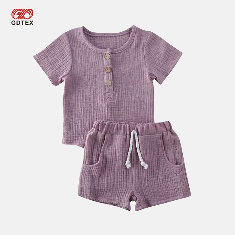 GDTEX Custom Muslin Cotton Baby Boy Toddler Clothes Set Button Short Sleeve Top and Drawstring Shorts Kid Girl Boy Clothing Set
