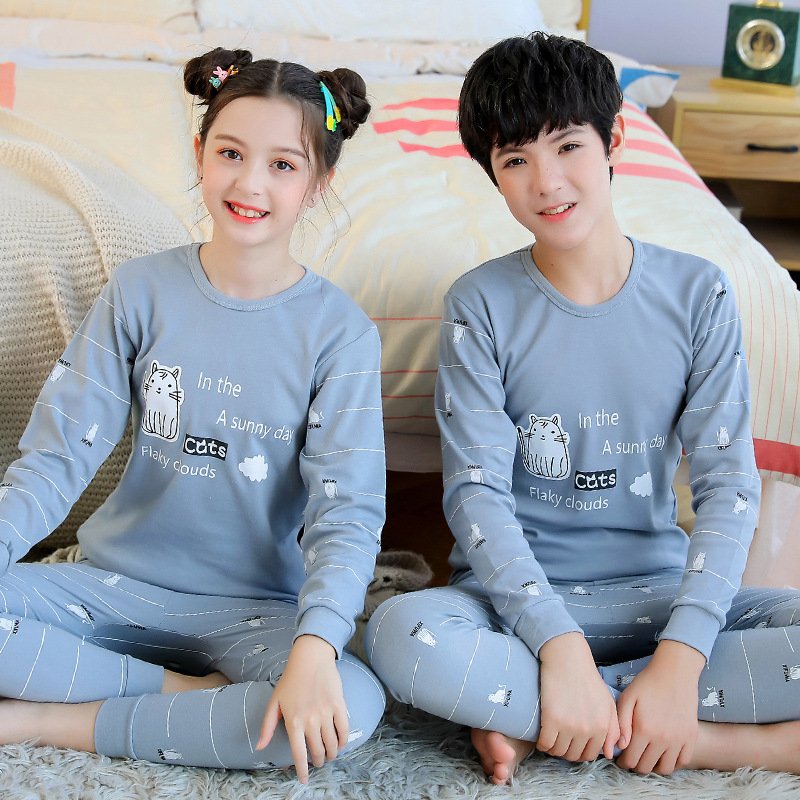 Autumn Winter 7-18Years Teenagers Pajamas Boys Pajamas Long Sleeves Pants 2pieces Sets Kids Girls Sleepwear Suit with Wholesale