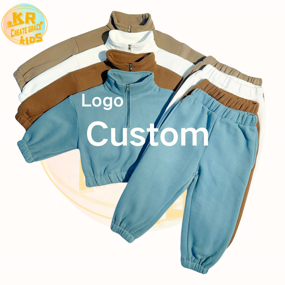 Customize Kids Boys Solid Color Fleece Terry Half Zipper Winter Kids Pullover Warm Set 2pcs Hoodies Sets toddler Sweatsuits Sets