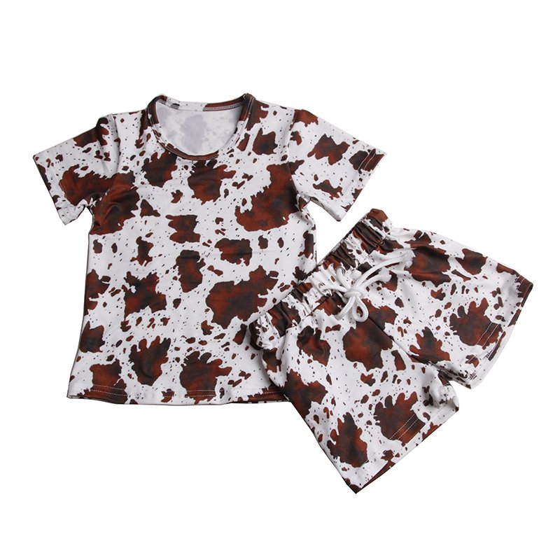 Custom Summer Breathable Kids boys Clothes Sets Cow Patterns Short Sleeve Tops And Biker Shorts 2 Pieces Sets Outfits