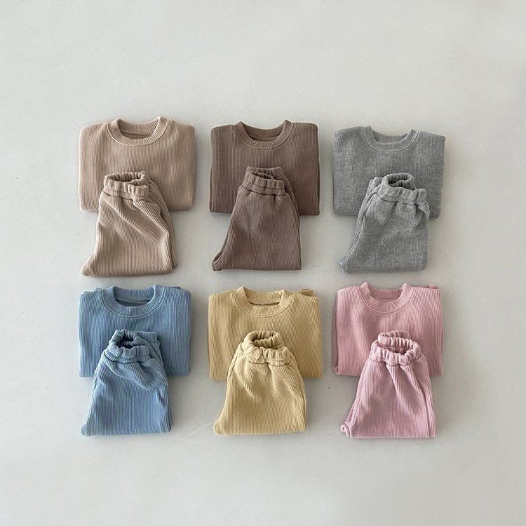 Infant Newborn Girl Boy Spring Autumn Ribbed Plaid Solid Clothes Sets Long Sleeve Bodysuits + Elastic Pants 2PCs Baby Outfits