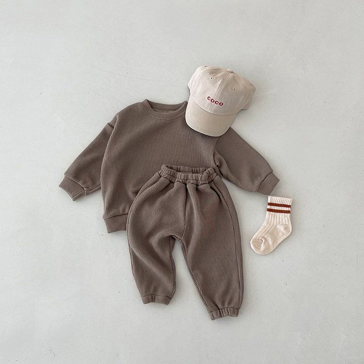Infant Newborn Girl Boy Spring Autumn Ribbed Plaid Solid Clothes Sets Long Sleeve Bodysuits + Elastic Pants 2PCs Baby Outfits