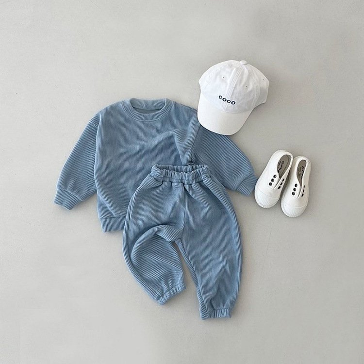 Infant Newborn Girl Boy Spring Autumn Ribbed Plaid Solid Clothes Sets Long Sleeve Bodysuits + Elastic Pants 2PCs Baby Outfits