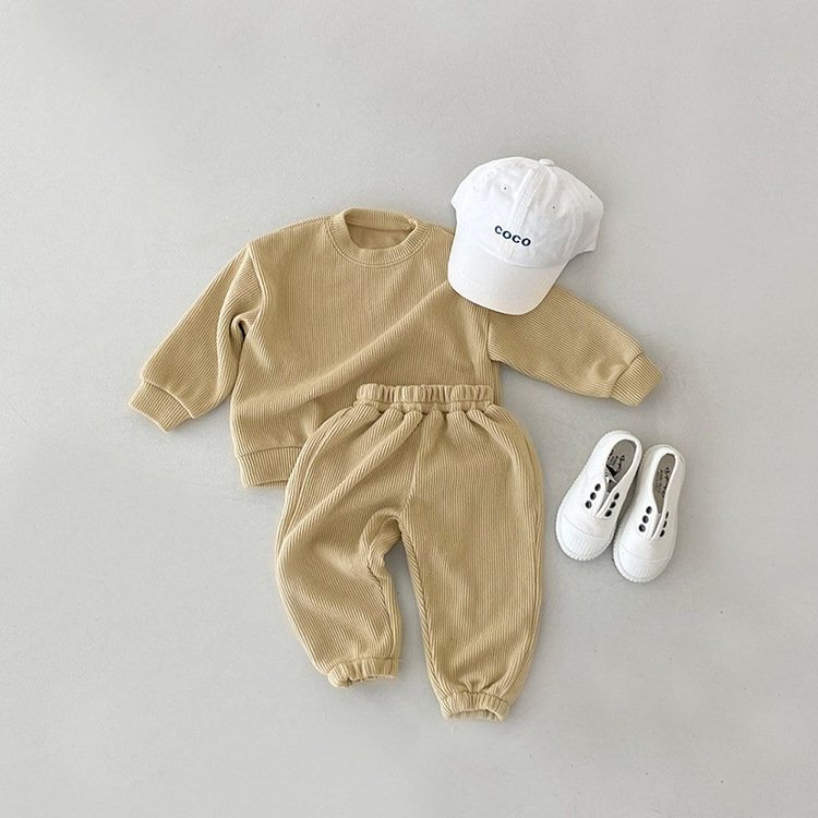 Infant Newborn Girl Boy Spring Autumn Ribbed Plaid Solid Clothes Sets Long Sleeve Bodysuits + Elastic Pants 2PCs Baby Outfits