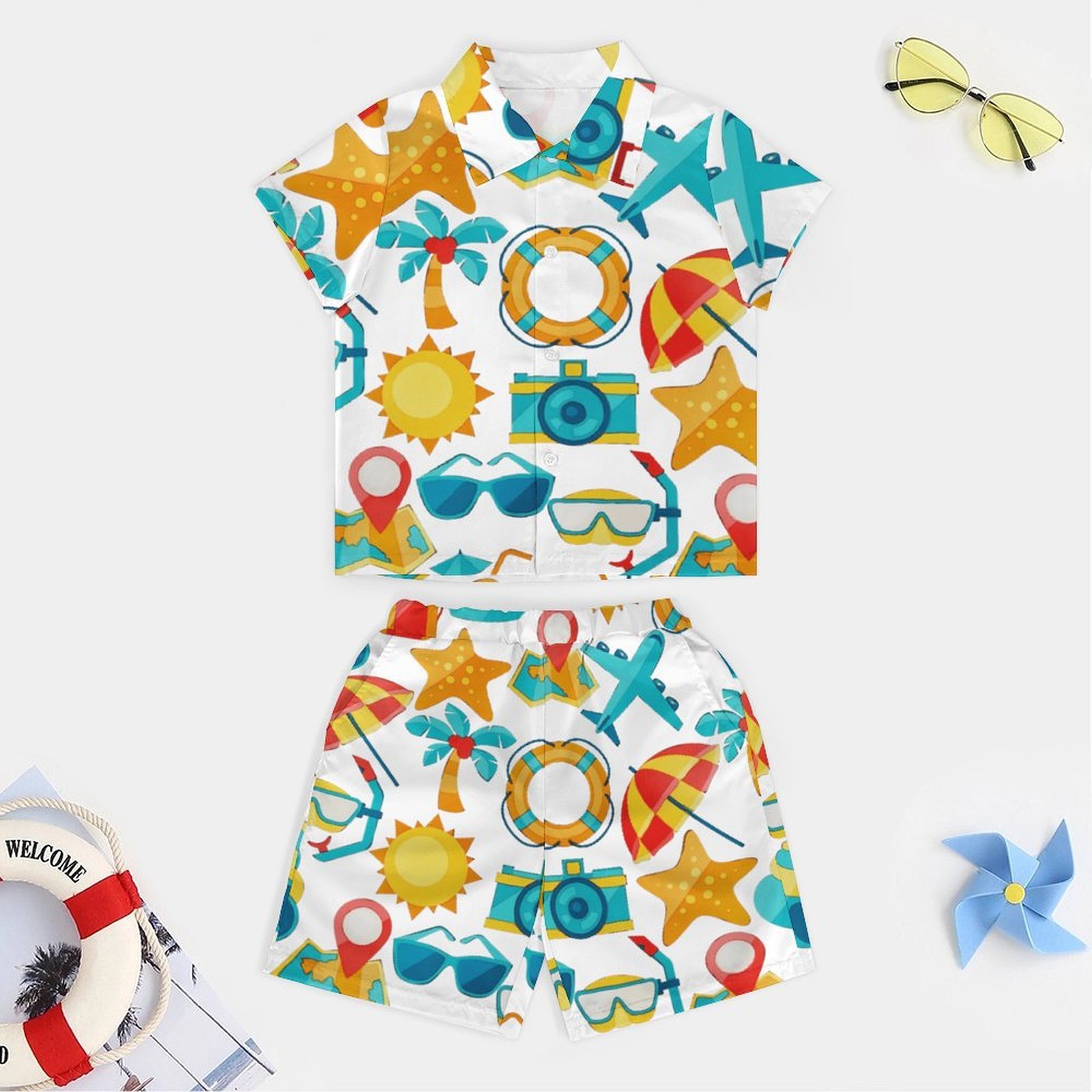 Boutique Customizable Summer Casual Boys Clothing Set Five Quarter Pants Swimming Short Sleeve Beach Set with Unique Patterns