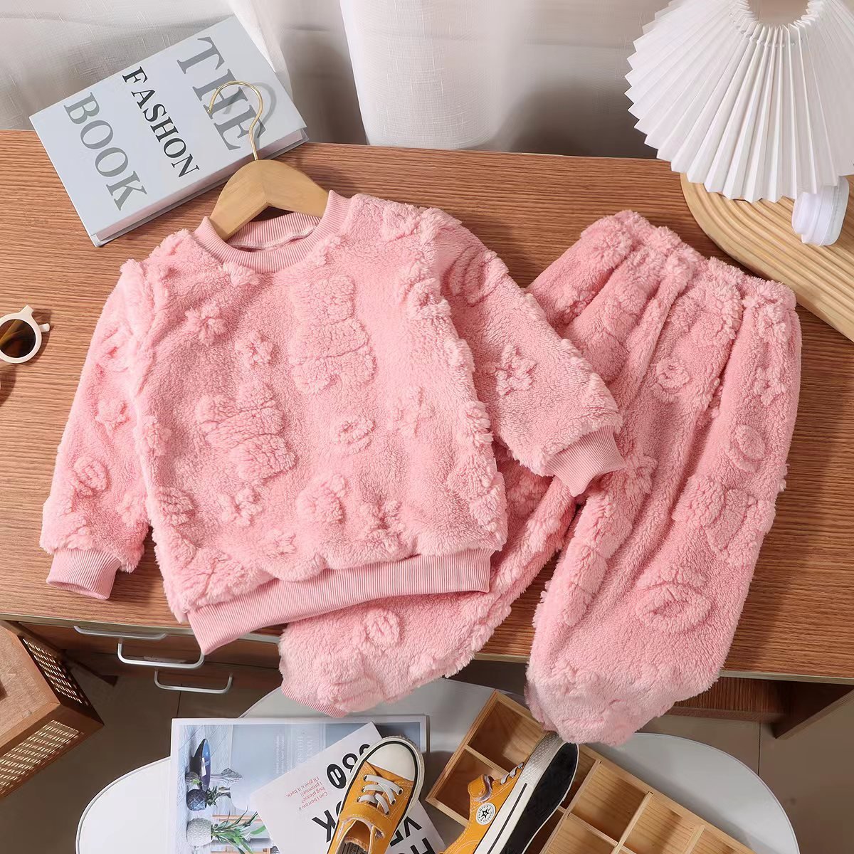 Children's set Girls' winter warm with fleece thickened homewear flannel pajamas for baby boys