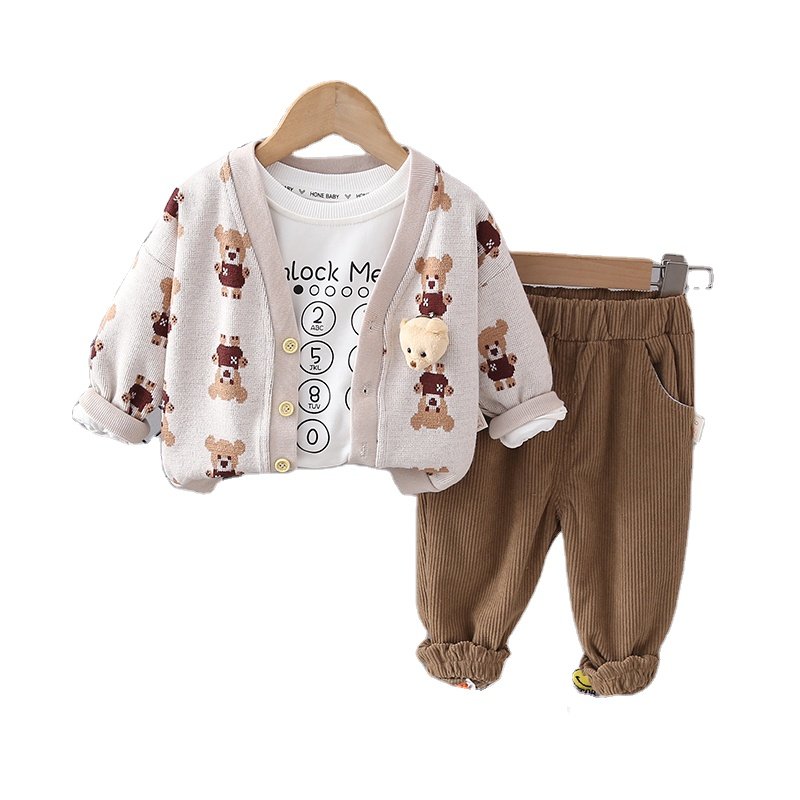 2024 Korean version of boys' spring clothing new fashion boy baby bear cardigan jacket casual three piece set
