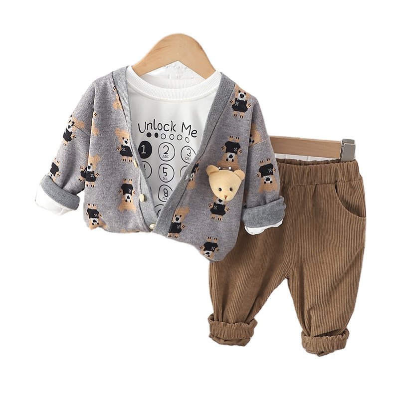 2024 Korean version of boys' spring clothing new fashion boy baby bear cardigan jacket casual three piece set