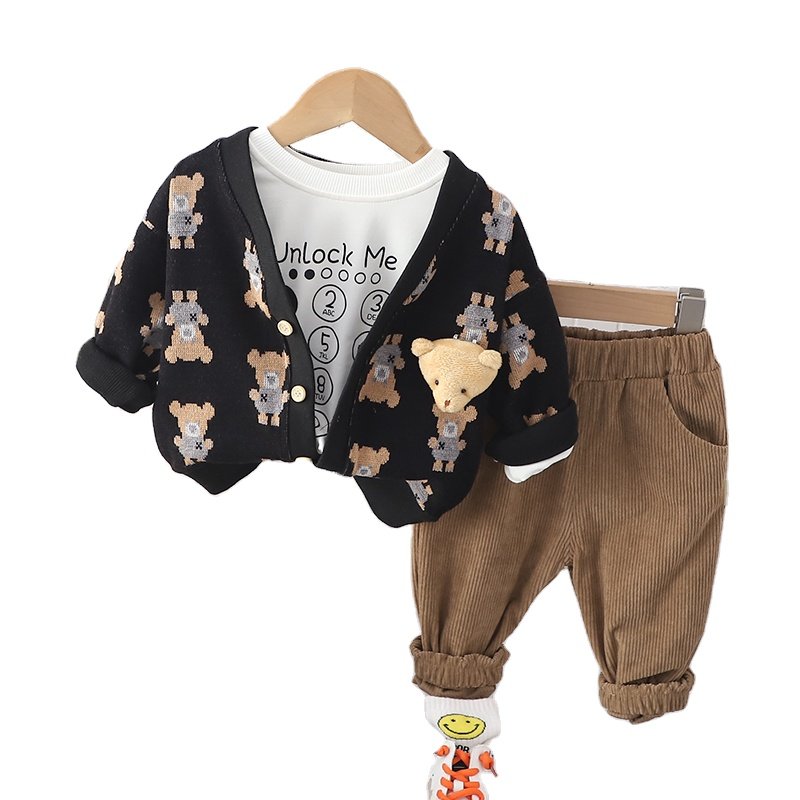 2024 Korean version of boys' spring clothing new fashion boy baby bear cardigan jacket casual three piece set