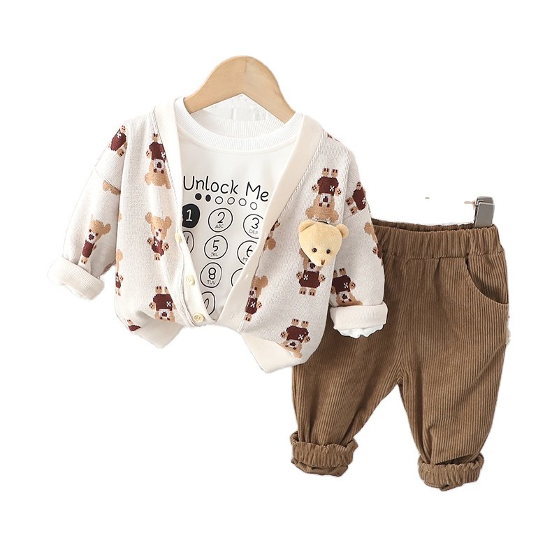 2024 Korean version of boys' spring clothing new fashion boy baby bear cardigan jacket casual three piece set