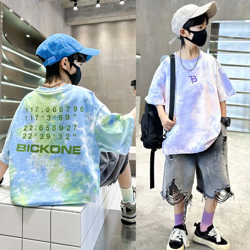 Cheap China Wholesale Kid Clothing Boys Clothing Sets Teenager Tie-dyed T-shirt Ripped Denim Shorts 2Pcs Children's Clothing Set