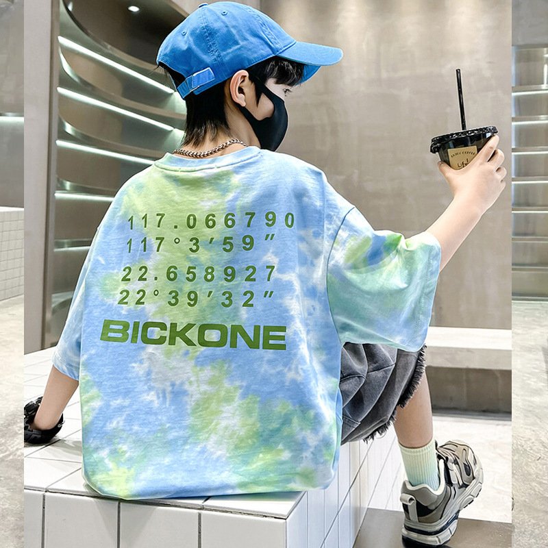 Cheap China Wholesale Kid Clothing Boys Clothing Sets Teenager Tie-dyed T-shirt Ripped Denim Shorts 2Pcs Children's Clothing Set
