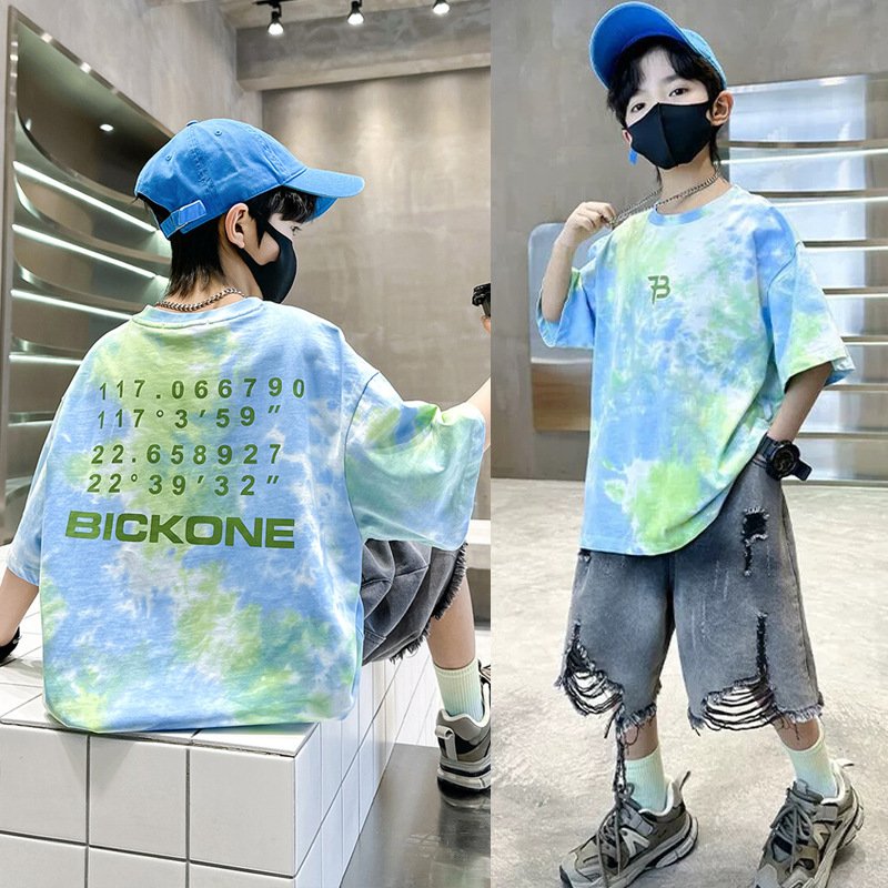 Cheap China Wholesale Kid Clothing Boys Clothing Sets Teenager Tie-dyed T-shirt Ripped Denim Shorts 2Pcs Children's Clothing Set