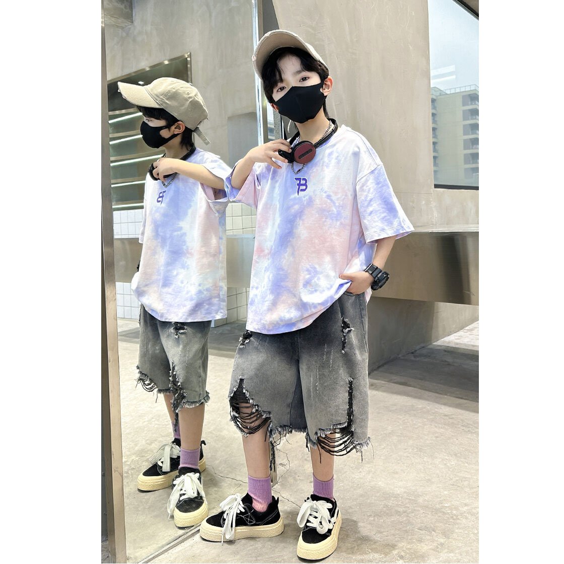 Cheap China Wholesale Kid Clothing Boys Clothing Sets Teenager Tie-dyed T-shirt Ripped Denim Shorts 2Pcs Children's Clothing Set