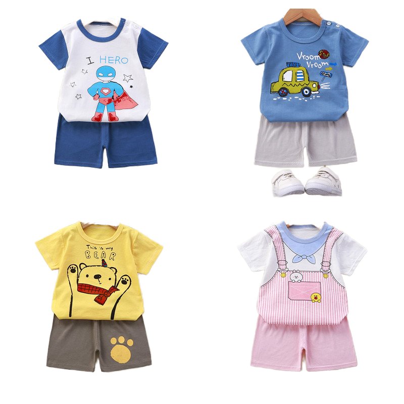 Children's t-shirt short-sleeved baby boy's 100% cotton suit female treasure summer Tees shorts Cartoon Kids Print clothes sets