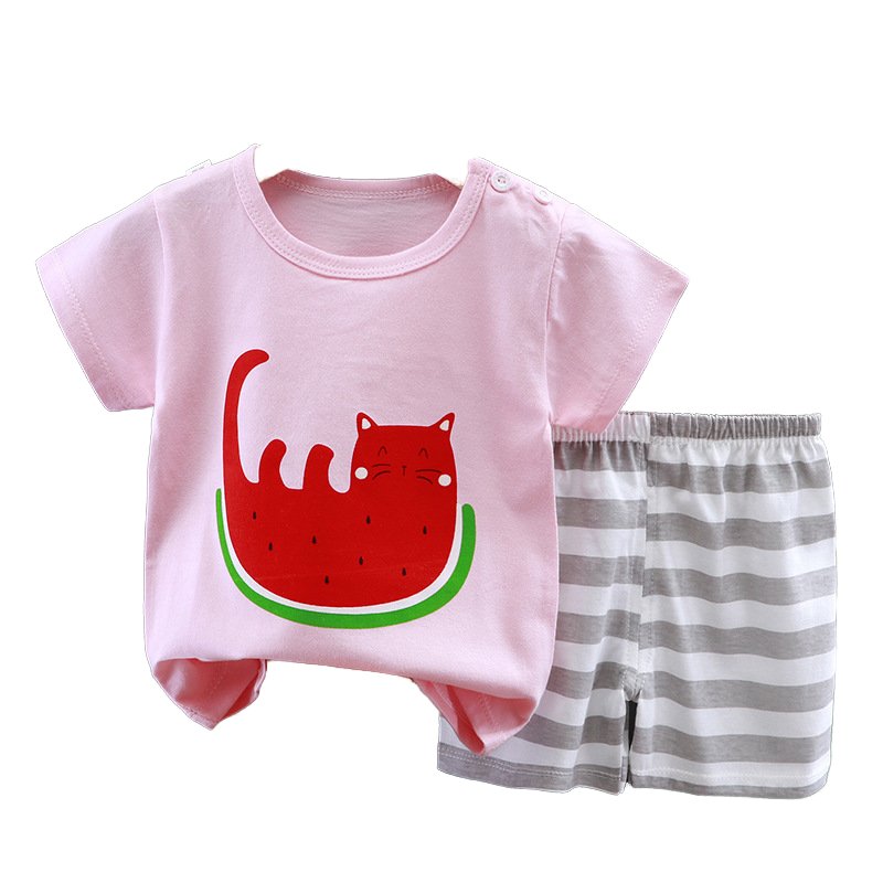 Children's t-shirt short-sleeved baby boy's 100% cotton suit female treasure summer Tees shorts Cartoon Kids Print clothes sets