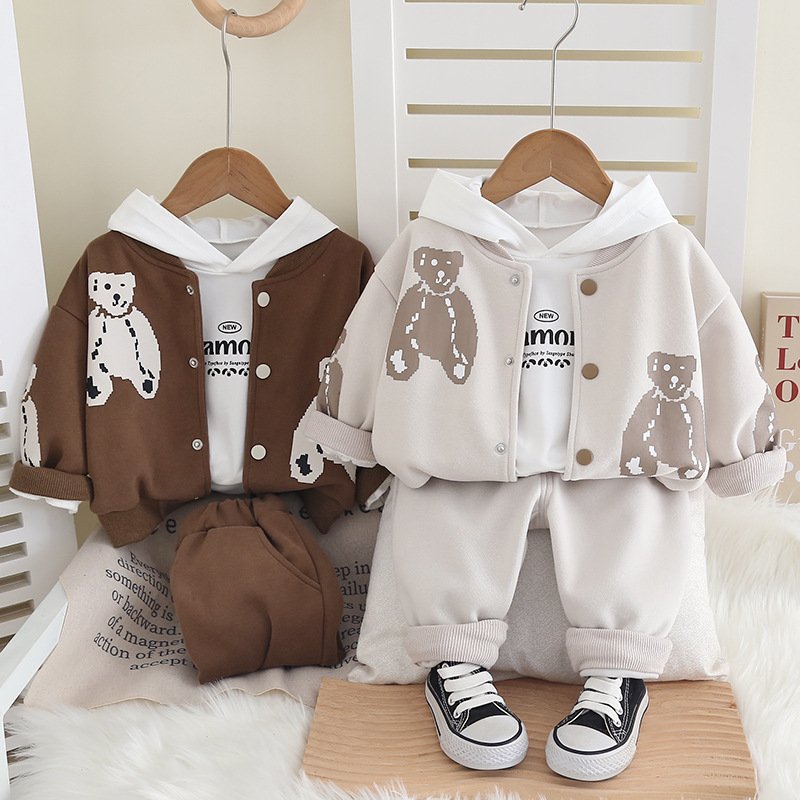 Boys' Spring and Autumn Bear Three Piece Baby Children's Clothing Three Year Old Baby Autumn Set