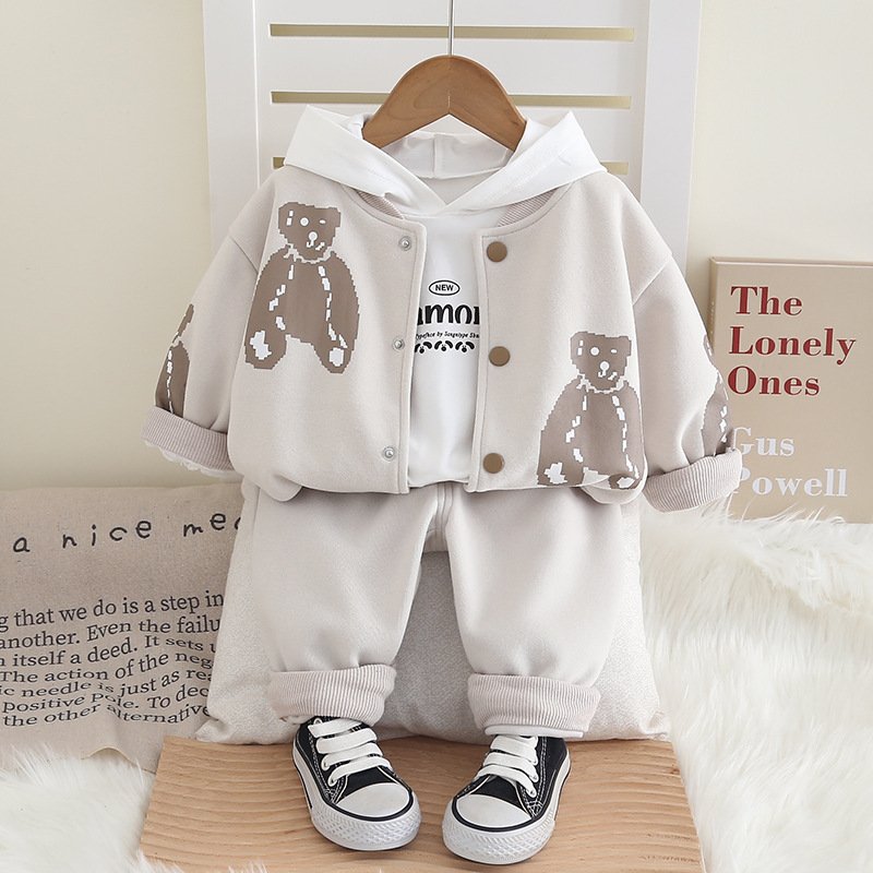 Boys' Spring and Autumn Bear Three Piece Baby Children's Clothing Three Year Old Baby Autumn Set