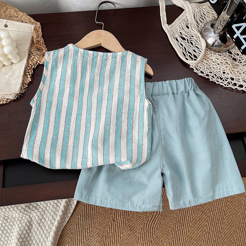 New Stylish Summer Kids Suits 2pcs Striped Vest+Shorts Cartoon Dinosaur Cute Baby Boys Clothing Sets