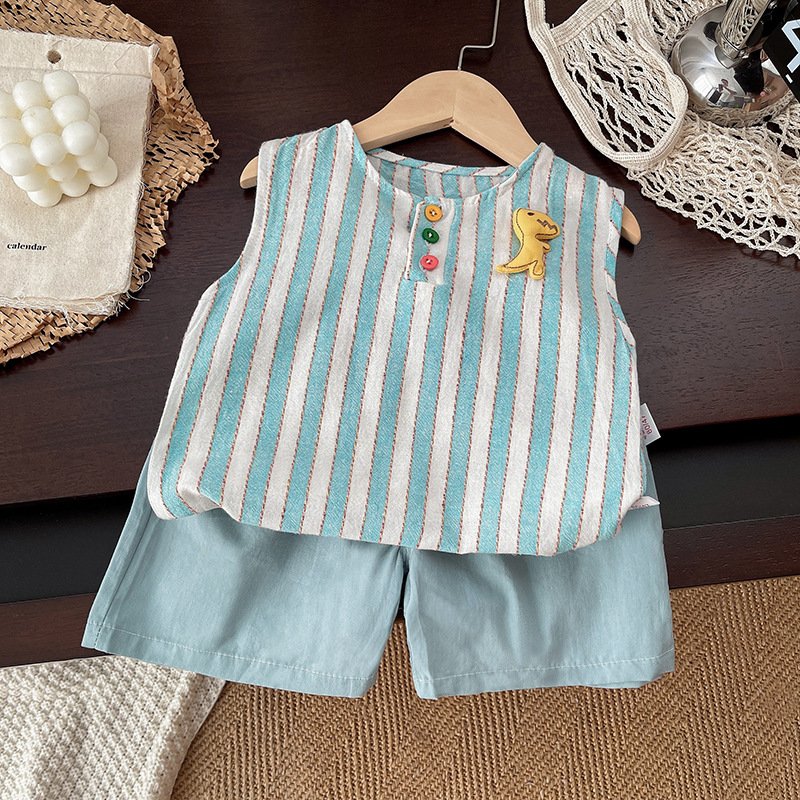 New Stylish Summer Kids Suits 2pcs Striped Vest+Shorts Cartoon Dinosaur Cute Baby Boys Clothing Sets