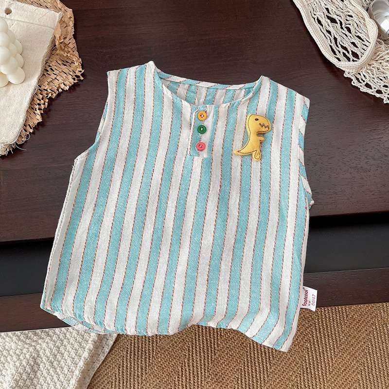 New Stylish Summer Kids Suits 2pcs Striped Vest+Shorts Cartoon Dinosaur Cute Baby Boys Clothing Sets