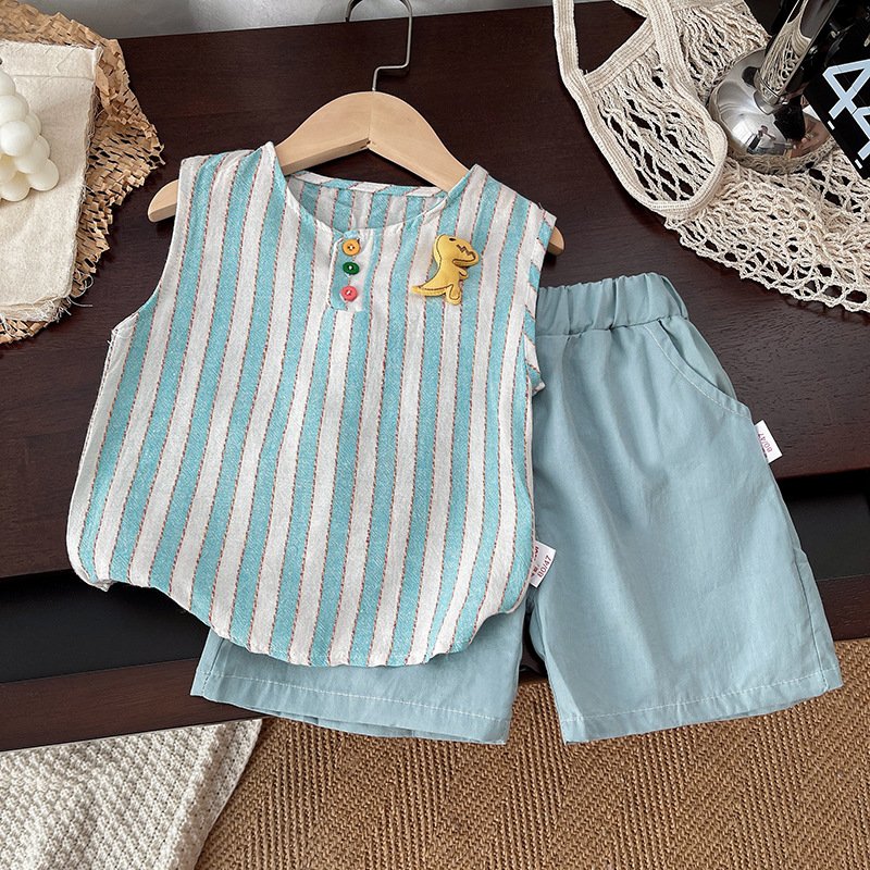 New Stylish Summer Kids Suits 2pcs Striped Vest+Shorts Cartoon Dinosaur Cute Baby Boys Clothing Sets