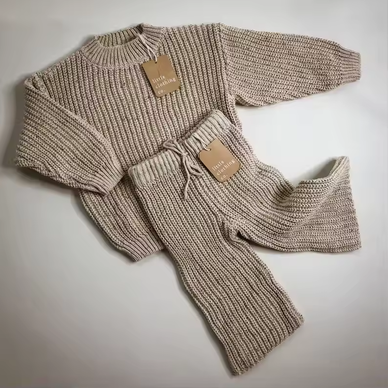 Trendy coarse knitting baby long sleeve knitted pullover and pant boy children clothes 100% cotton kids knit sweater set