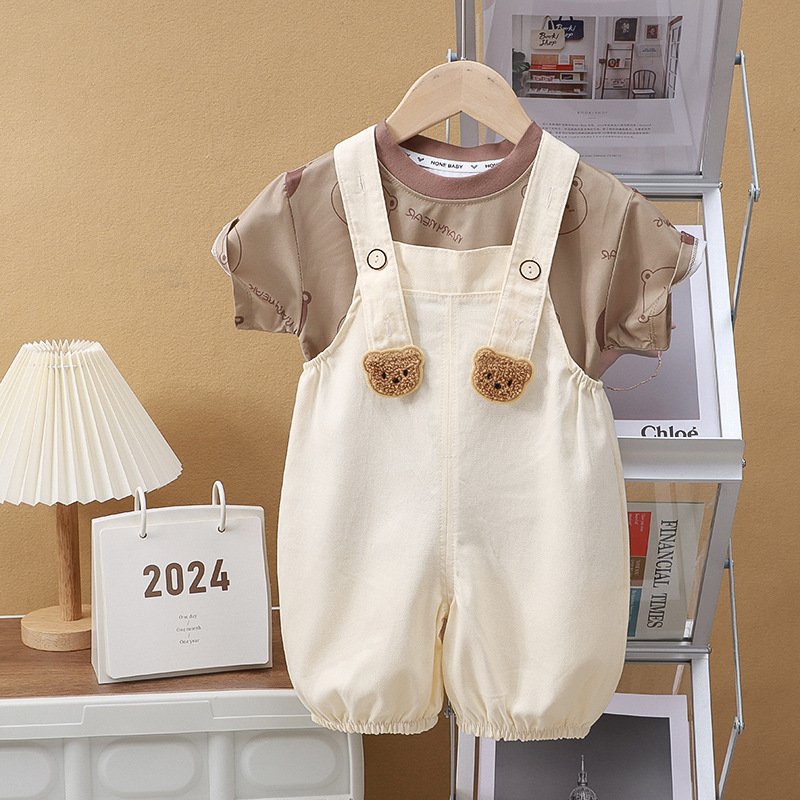 Children's Summer Casual Style Overalls, Boys Girls Short Sleeve Tshirt Set 2024 Casual Kids Clothing Set