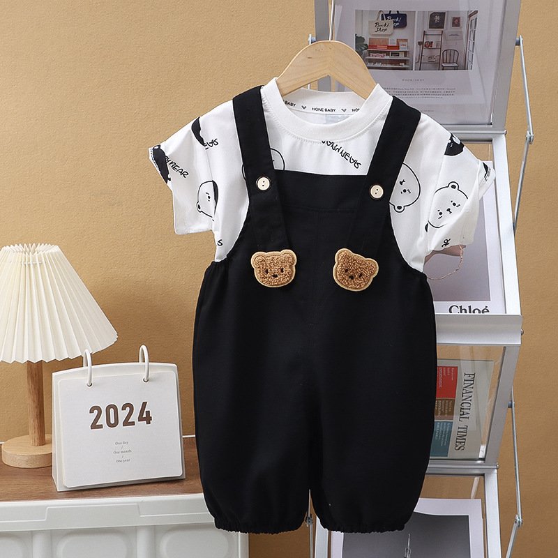 Children's Summer Casual Style Overalls, Boys Girls Short Sleeve Tshirt Set 2024 Casual Kids Clothing Set