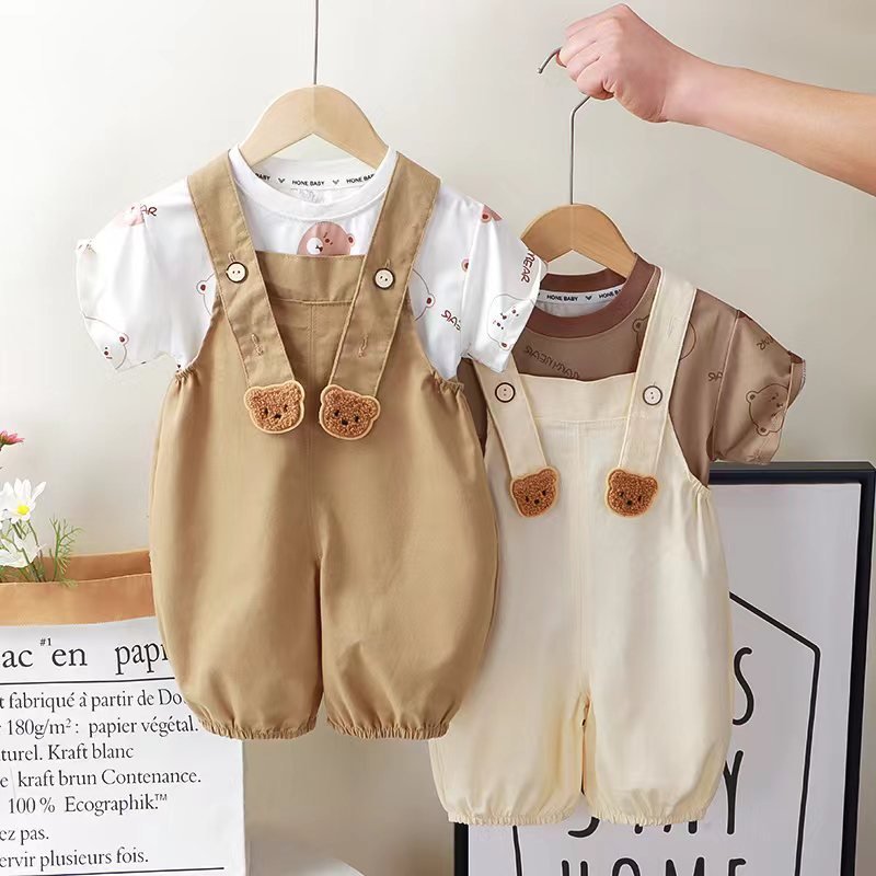 Children's Summer Casual Style Overalls, Boys Girls Short Sleeve Tshirt Set 2024 Casual Kids Clothing Set