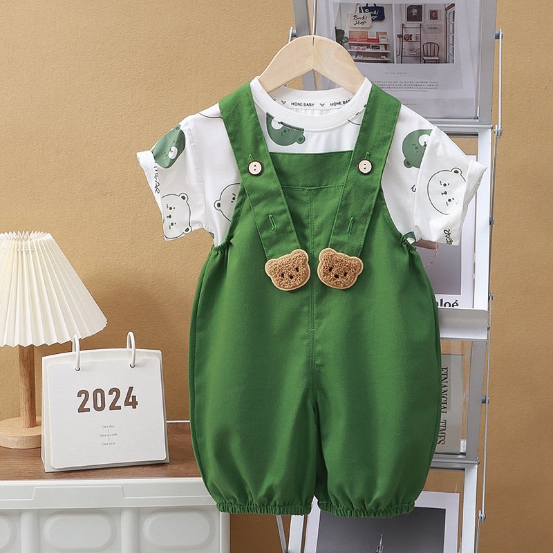 Children's Summer Casual Style Overalls, Boys Girls Short Sleeve Tshirt Set 2024 Casual Kids Clothing Set