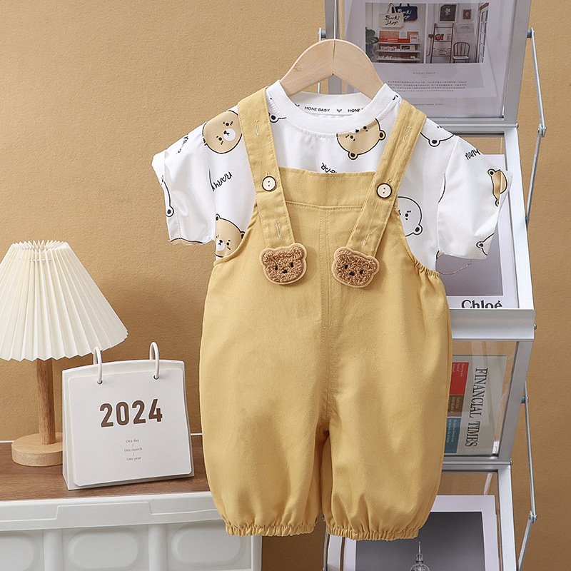 Children's Summer Casual Style Overalls, Boys Girls Short Sleeve Tshirt Set 2024 Casual Kids Clothing Set