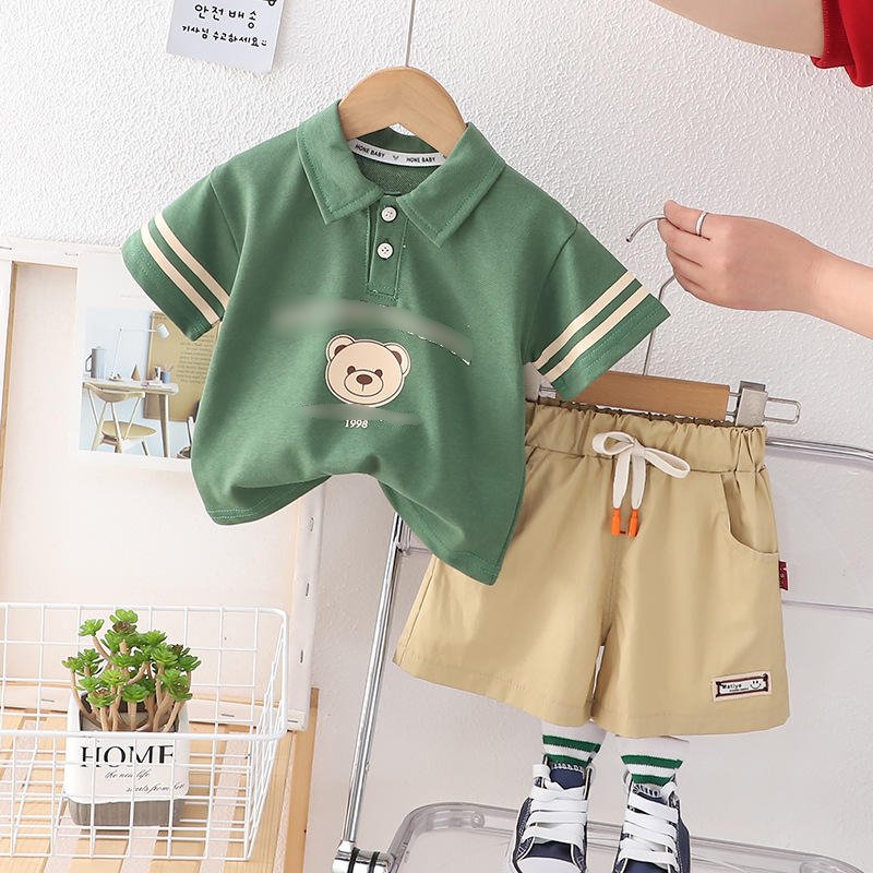 2024 Summer Boy Outfit Polo Short Sleeve Shirt Bear Printed Shorts 2pcs Toddler Boys Clothing Sets Soft Boy Child Clothes 80-120