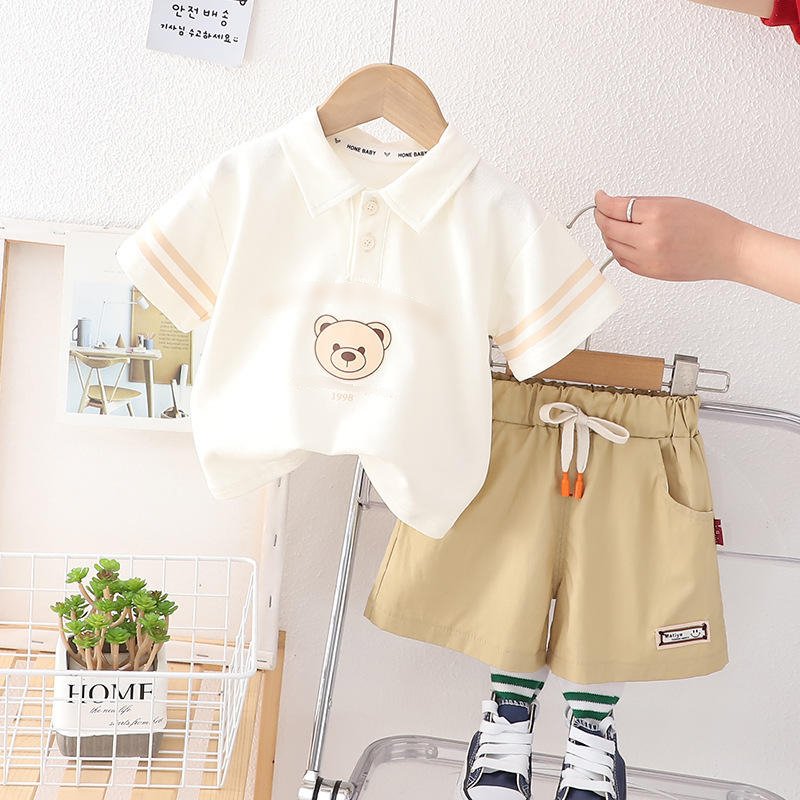 2024 Summer Boy Outfit Polo Short Sleeve Shirt Bear Printed Shorts 2pcs Toddler Boys Clothing Sets Soft Boy Child Clothes 80-120