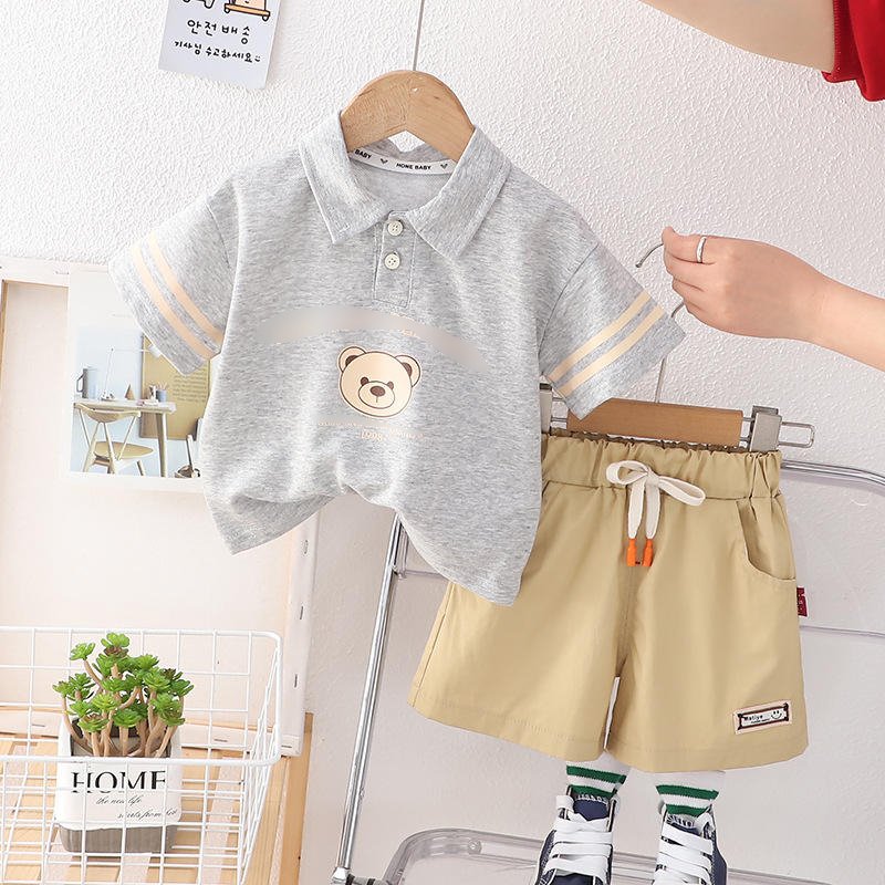 2024 Summer Boy Outfit Polo Short Sleeve Shirt Bear Printed Shorts 2pcs Toddler Boys Clothing Sets Soft Boy Child Clothes 80-120