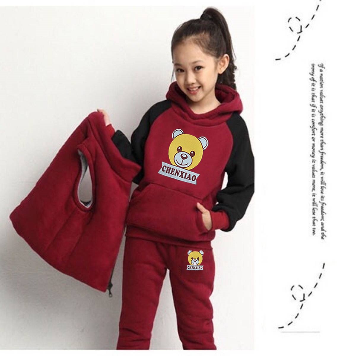Children's autumn and winter suit boys and girls sweater plus velvet warm three-piece children's clothing