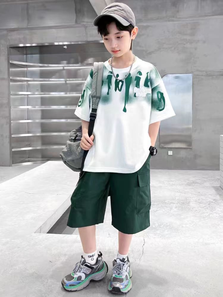 2024 Fashionable Teenagers Summer 2pcs Suits T-shirt+Shorts Printed Casual Boys Clothes Sets