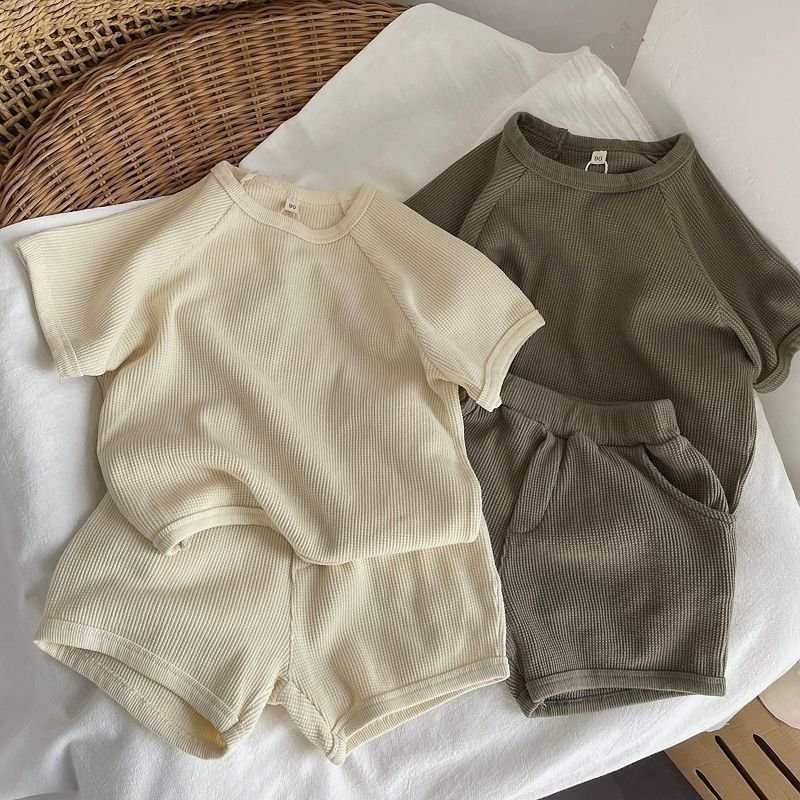 Summer New Design Kids Boys Short Sleeve Top Pants 2 Piece Clothing Set Children's Suit Toddler Solid Color Clothes