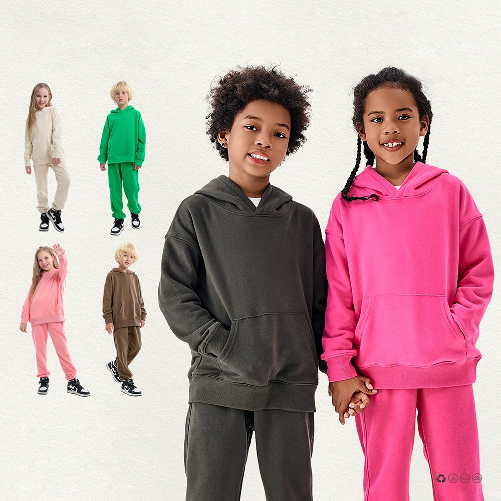 Custom boys clothing sets 3-4 5-6 8 12-13 14 to 15 years old kids 2 pcs solid 320G looped fabric autumn winter hoodies set boys