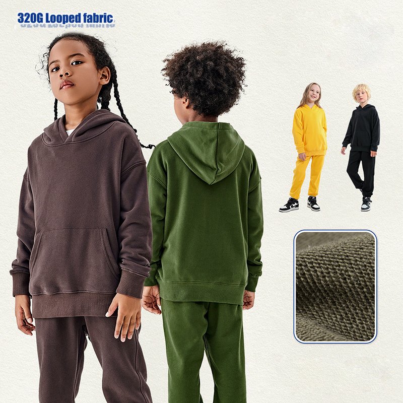 Custom boys clothing sets 3-4 5-6 8 12-13 14 to 15 years old kids 2 pcs solid 320G looped fabric autumn winter hoodies set boys