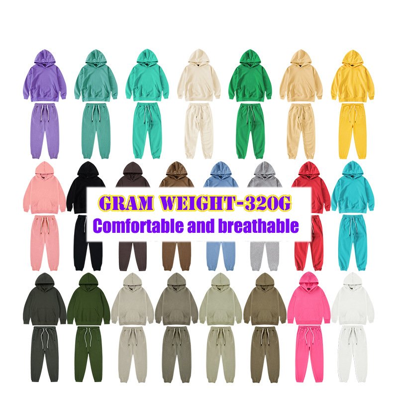 Custom boys clothing sets 3-4 5-6 8 12-13 14 to 15 years old kids 2 pcs solid 320G looped fabric autumn winter hoodies set boys