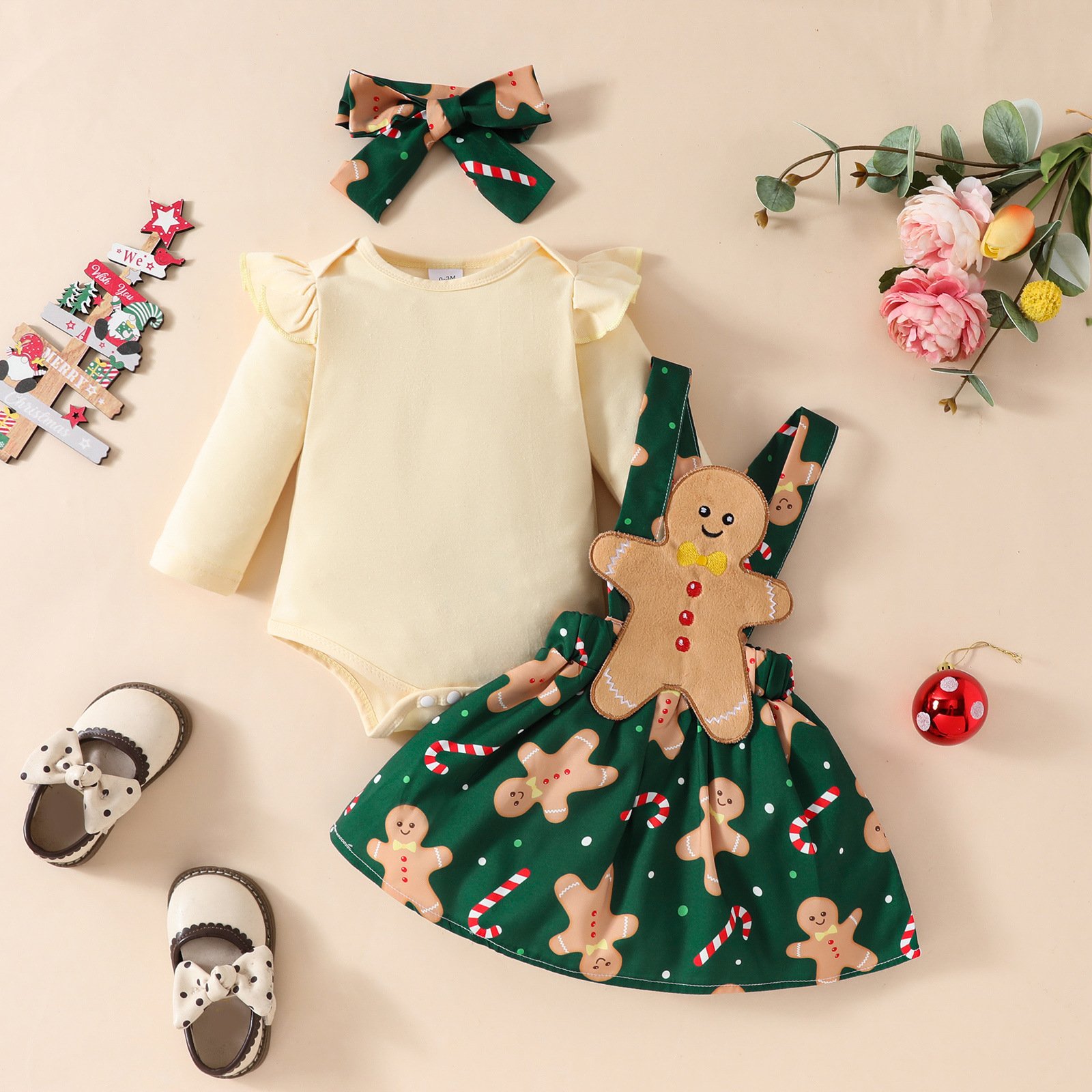 Autumn Winter baby Girls Long Sleeve Red Rompers+Santa Claus Suspender Skirt Headband 3pcs Christmas Baby Clothes Set