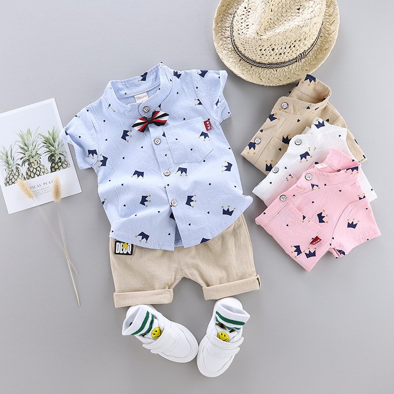 Wholesale Baby Boy Cute Fashion Crown Clothing Set Summer 2pcs Shirt Cotton Clothing Set
